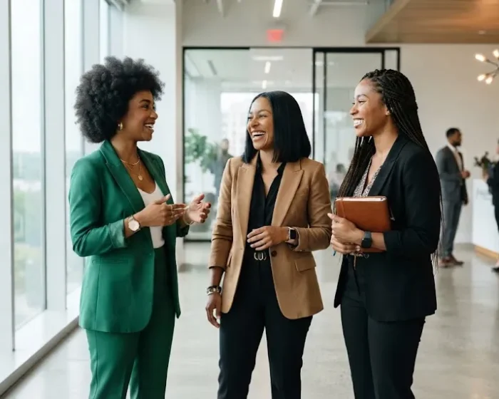 Three Black women in business professional outfits standing together in a modern office lobby