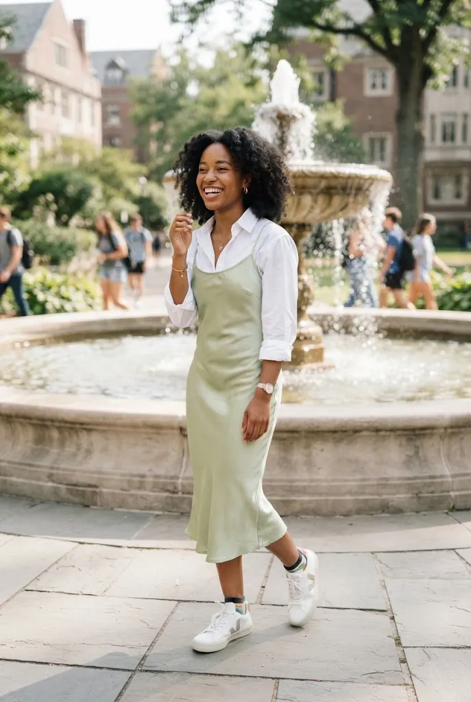 20 year old wearing a button down layered under a slip dress college outfit idea