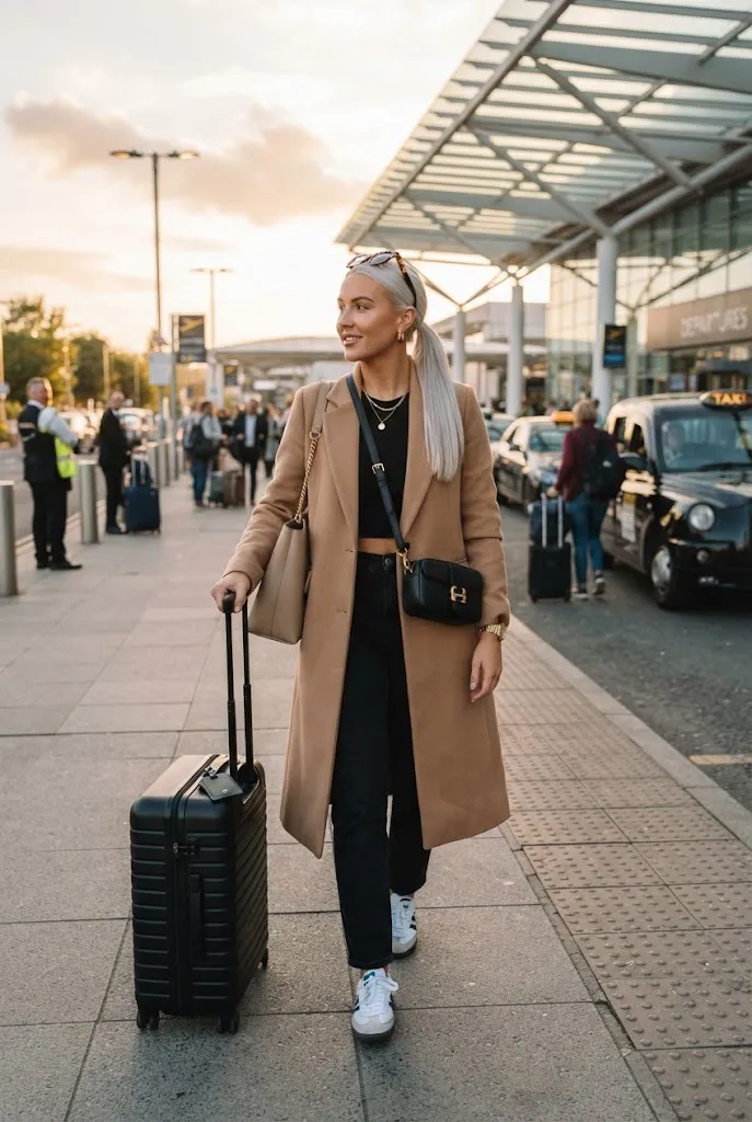 Camel coat over black basics as a chic long haul flight outfit