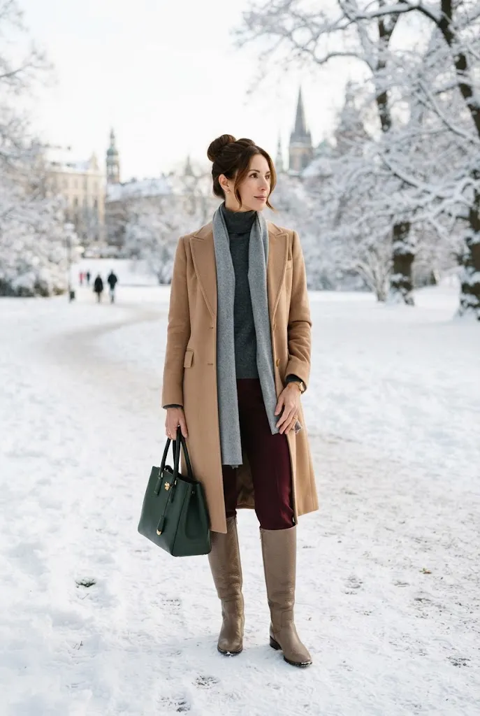 39 year old woman styling a camel coat with a long grey scarf, burgundy trousers, and tall boots.