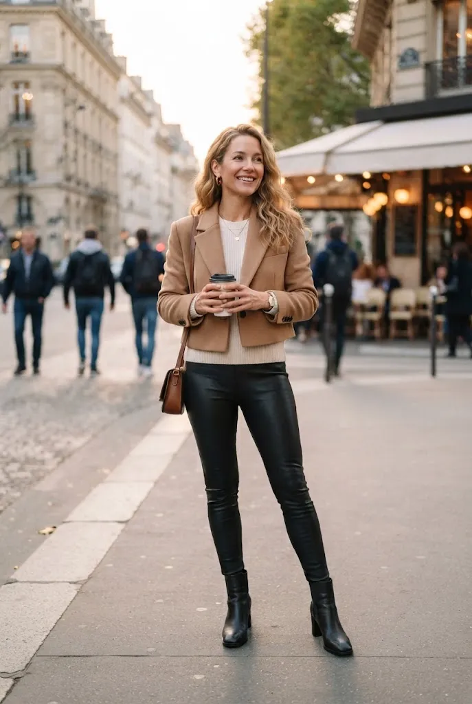 Woman around 35 wearing a camel cropped blazer with leather leggings and a cream sweater