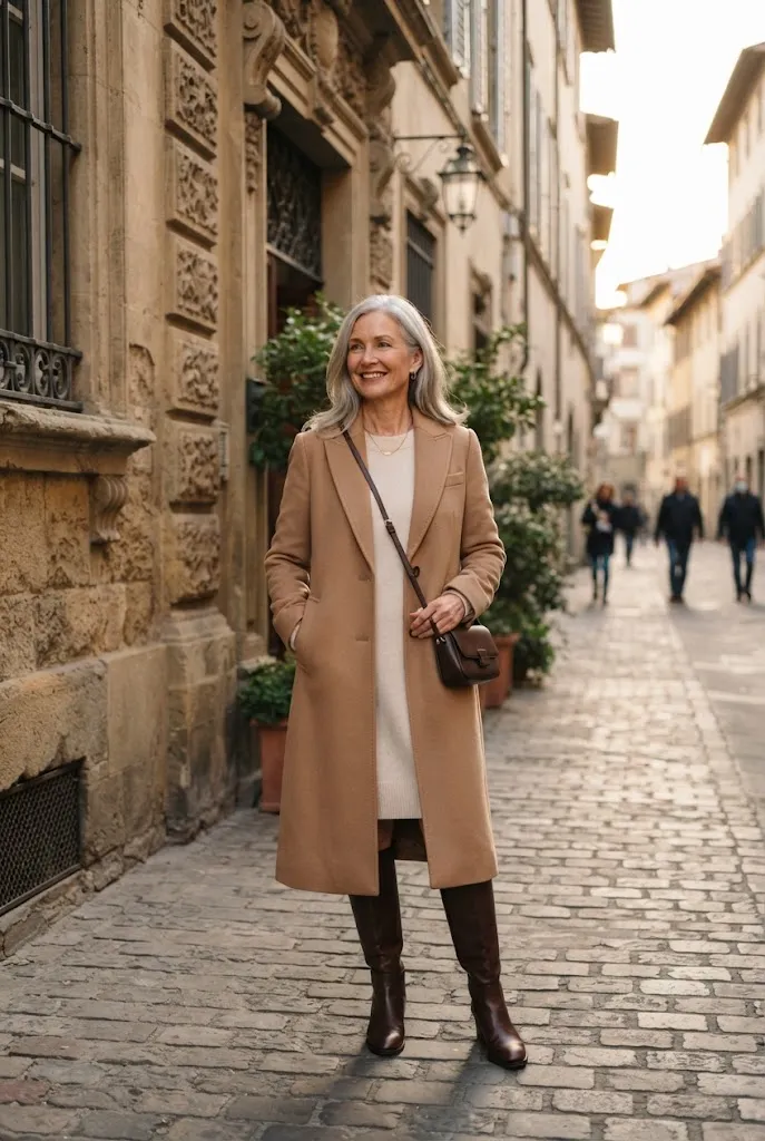 Woman in a long camel coat and sweater dress on a city street