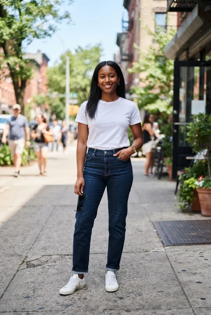 Woman wearing dark wash jeans and a white tee on a sunny sidewalk