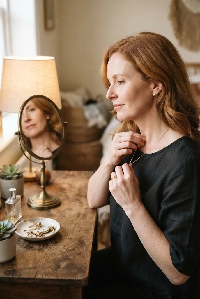 Woman fastening a simple gold necklace at a vanity mirror