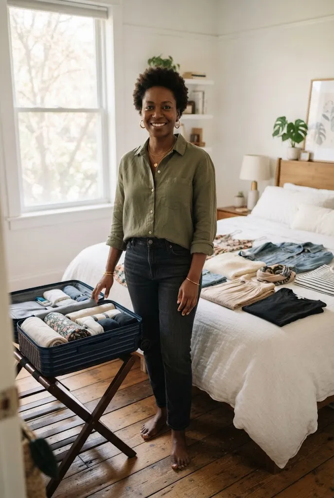 Woman standing beside a packed suitcase with coordinated travel outfits laid out