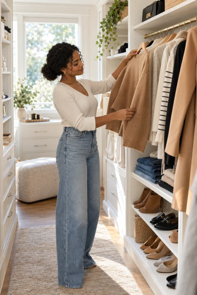 Woman comparing camel and neutral tones while building a travel capsule wardrobe