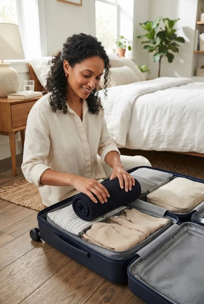 Woman rolling clothing into packing cubes inside an open suitcase