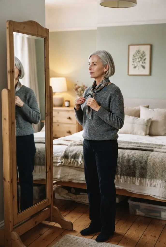Woman tying a patterned scarf over a plain sweater in front of a mirror