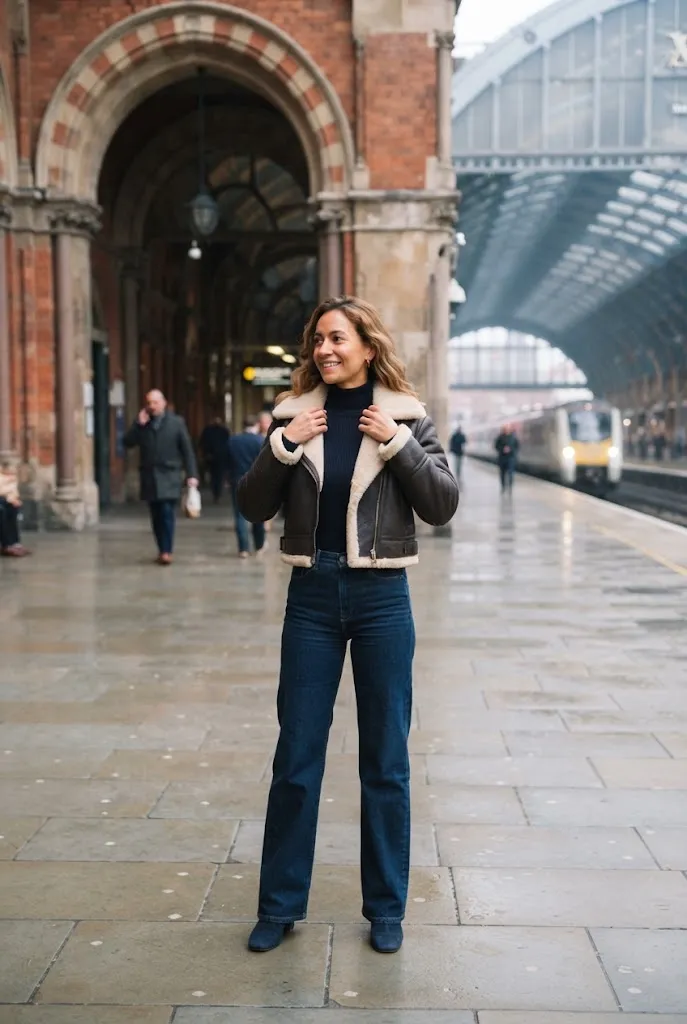 Woman adjusting a cropped shearling jacket near a train station