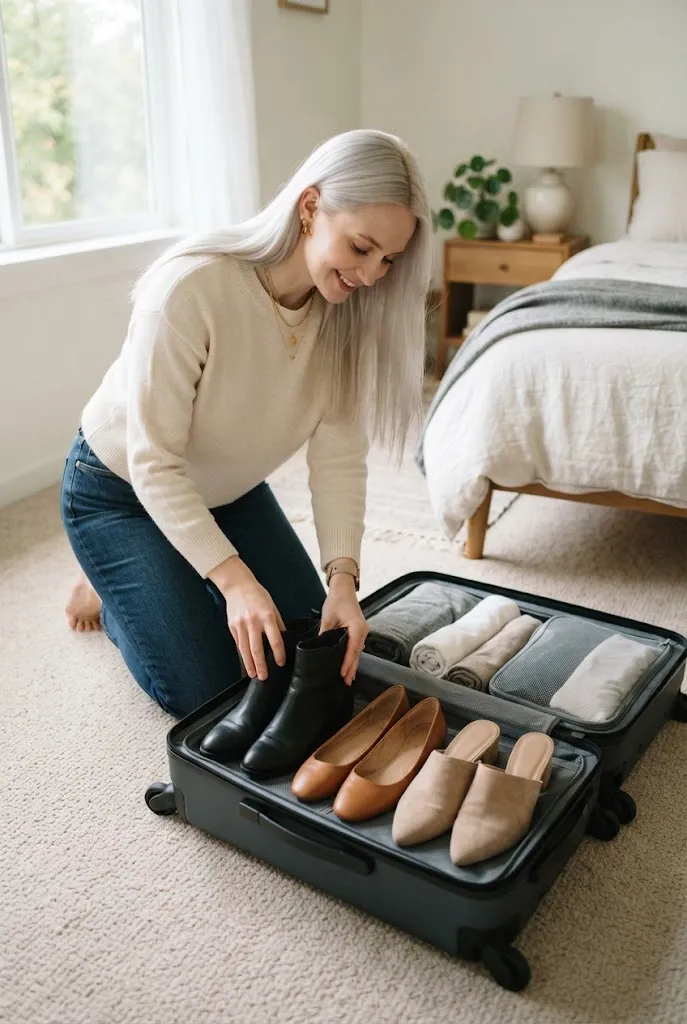 Woman packing three pairs of shoes into an open suitcase