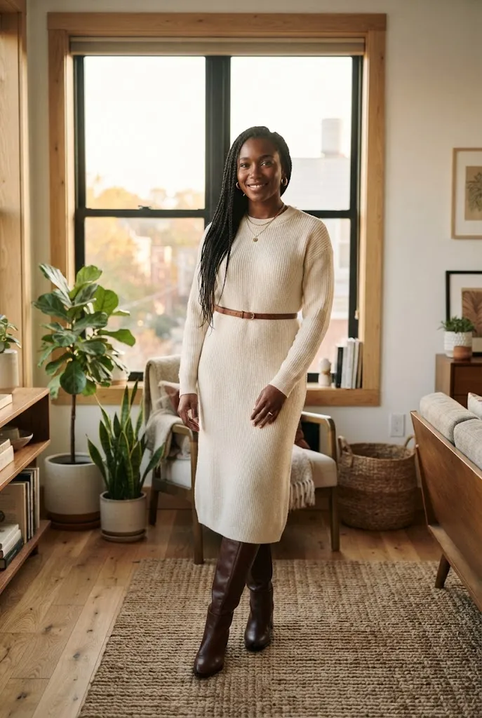 Woman wearing a belted cream sweater dress by a window