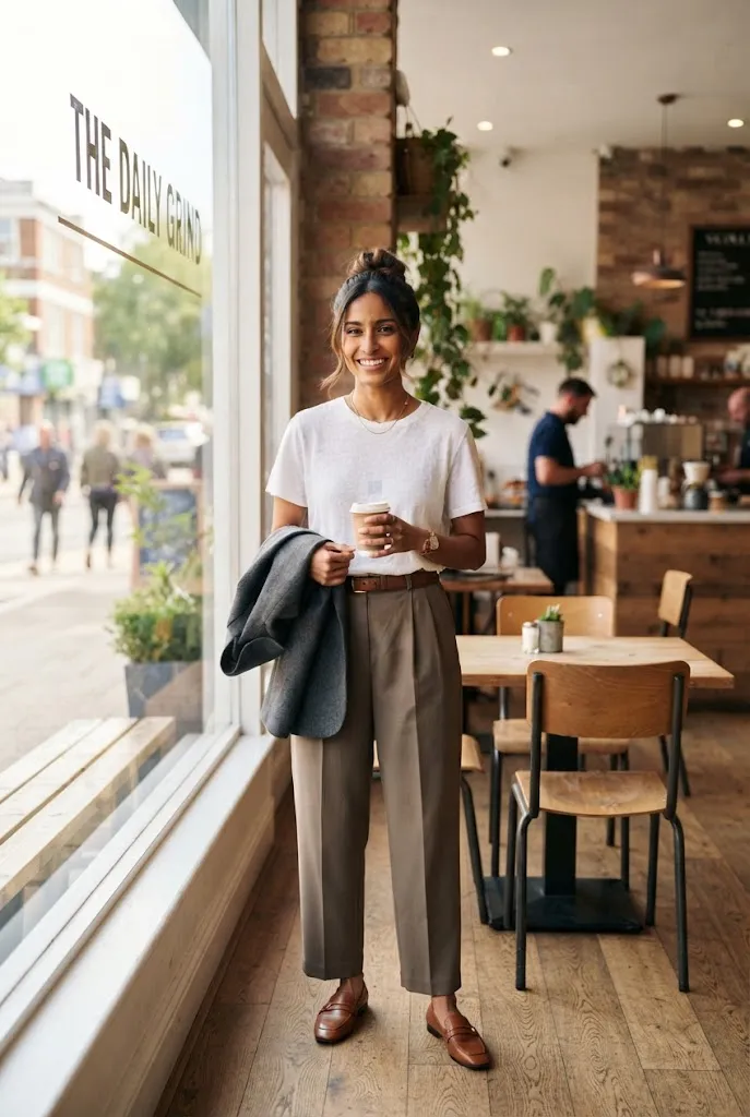Woman in a plain white tee and trousers holding a blazer near a café window