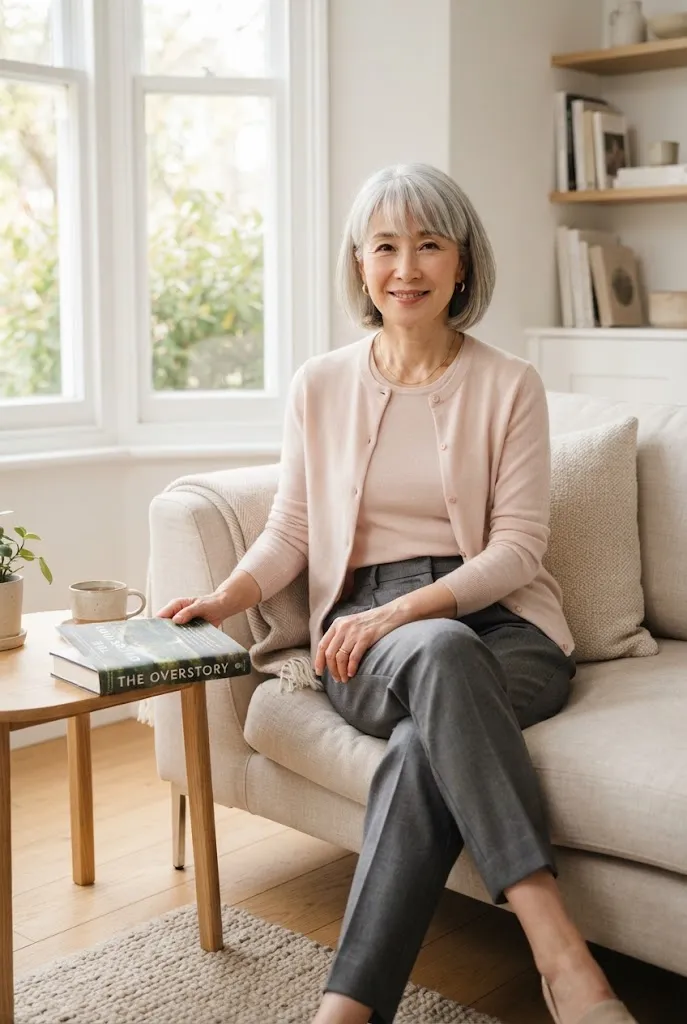 Woman over 50 wearing a cashmere sweater set for winter layering