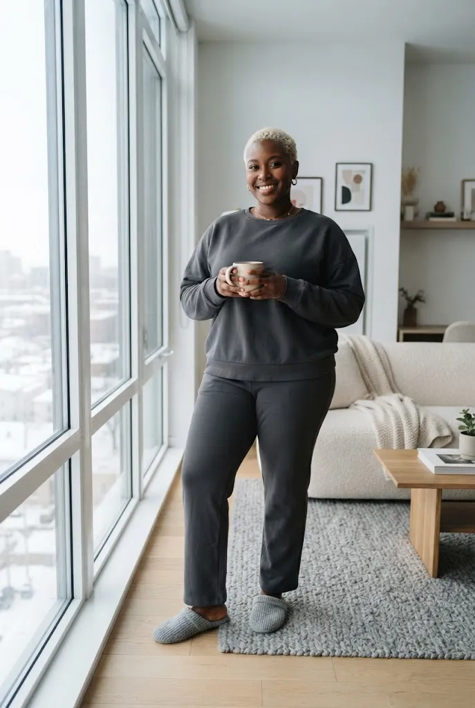 Plus size woman in a charcoal oversized sweatshirt with straight leg pants