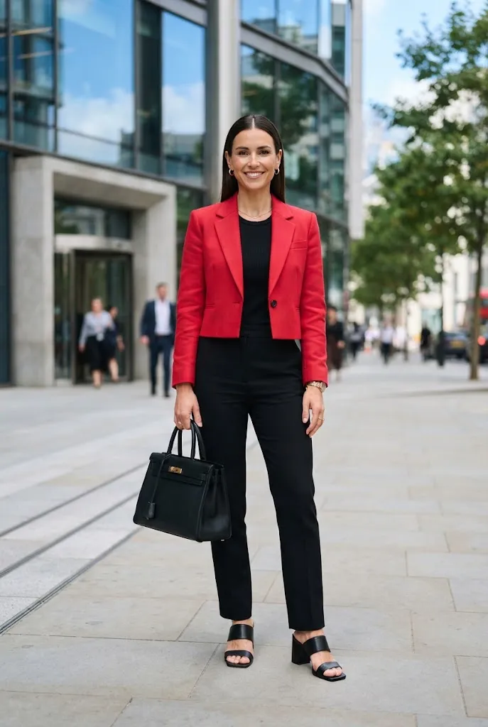 Woman around 35 wearing a cherry red cropped blazer with black trousers for the office