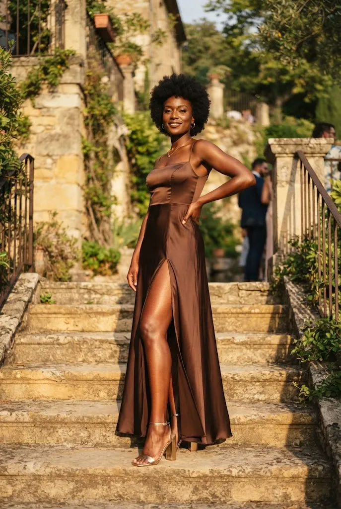 Bridesmaid in a chocolate satin slit dress standing on sunlit stone steps