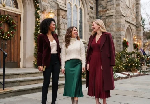 Elegant Christmas church outfits for women over 30 outside a decorated church