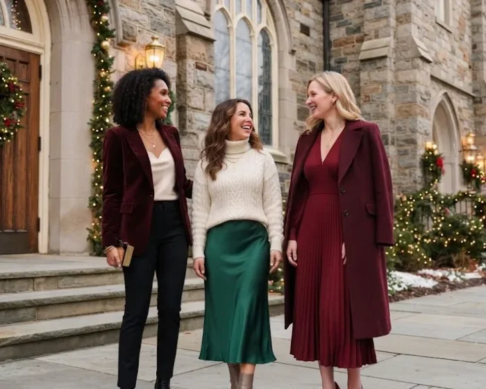 Elegant Christmas church outfits for women over 30 outside a decorated church