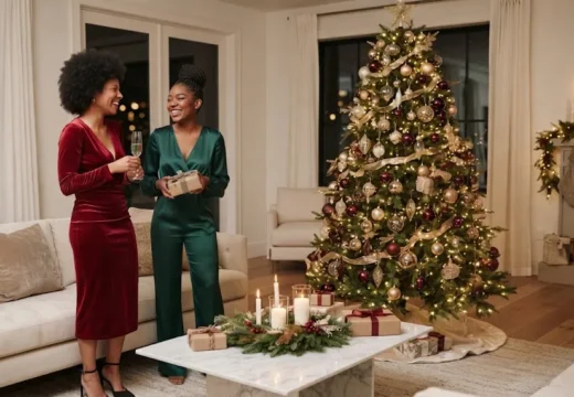 Black women wearing chic modern Christmas outfits in a luxury living room
