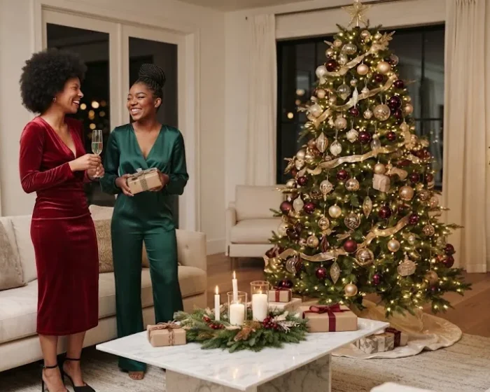Black women wearing chic modern Christmas outfits in a luxury living room