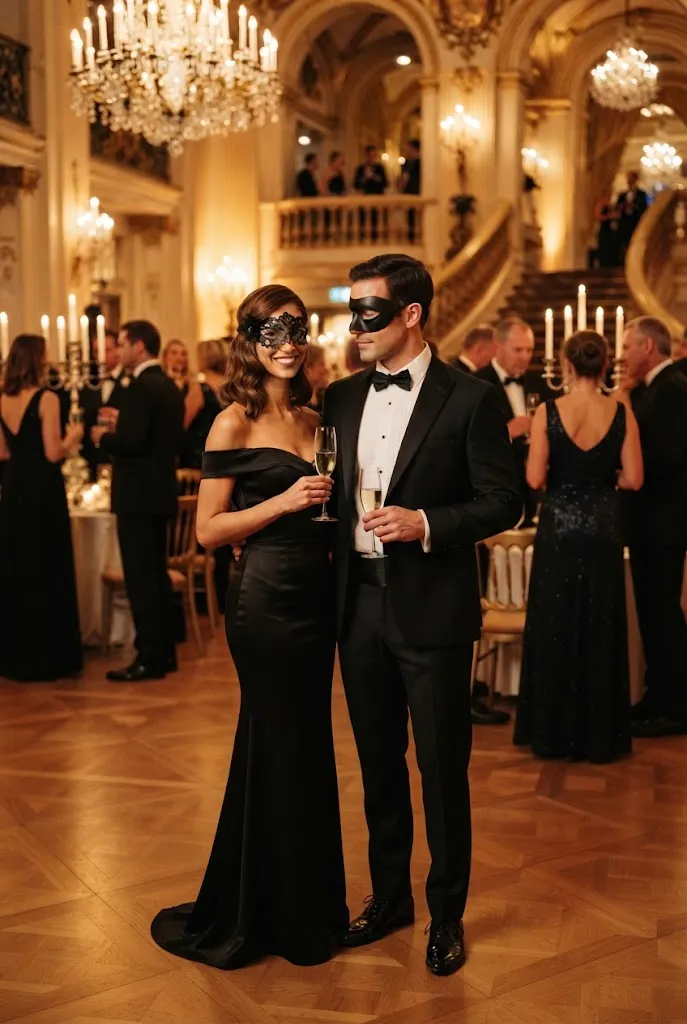 Classic black tuxedo and black evening gown for a formal masquerade couple.
