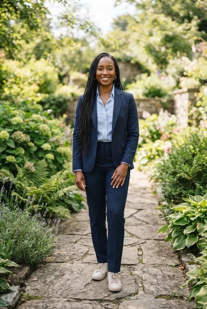 Black woman with box braids wearing a navy pantsuit in a garden pathway