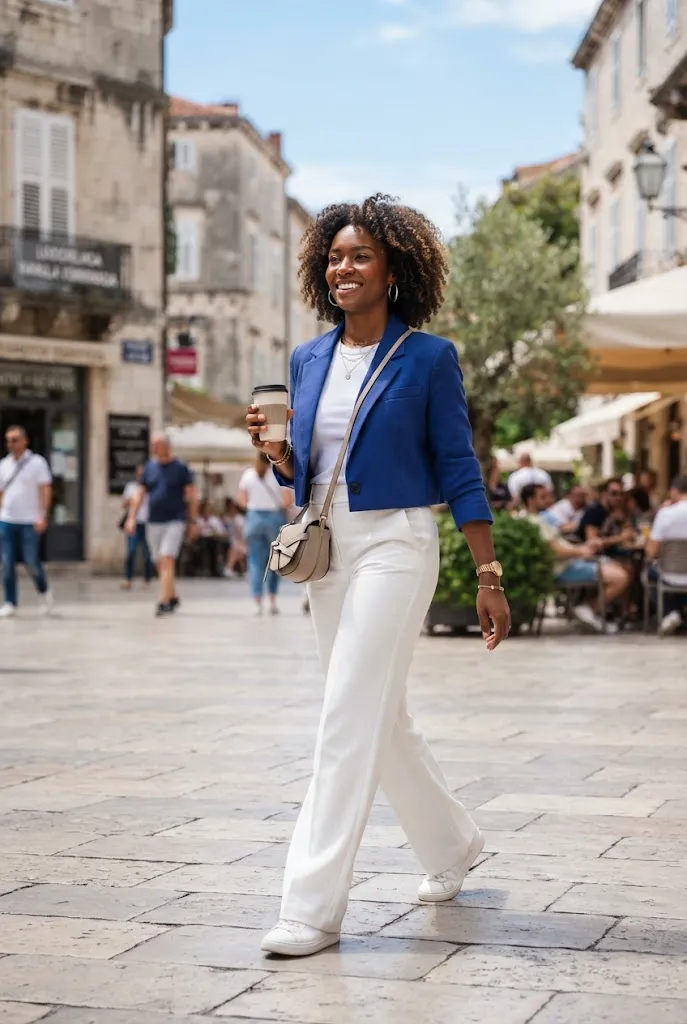 Woman around 32 wearing a cobalt blue cropped blazer with white wide leg pants