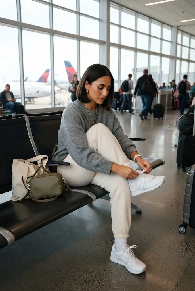 Comfortable white sneakers styled as part of a long flight outfit