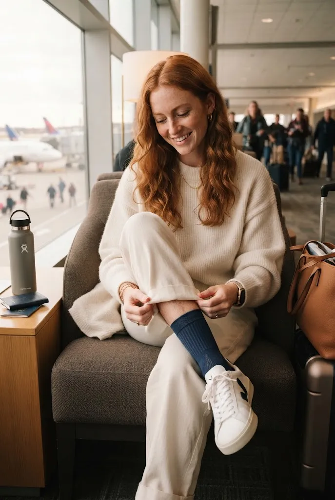 Compression socks worn under wide leg pants for a comfortable flight outfit
