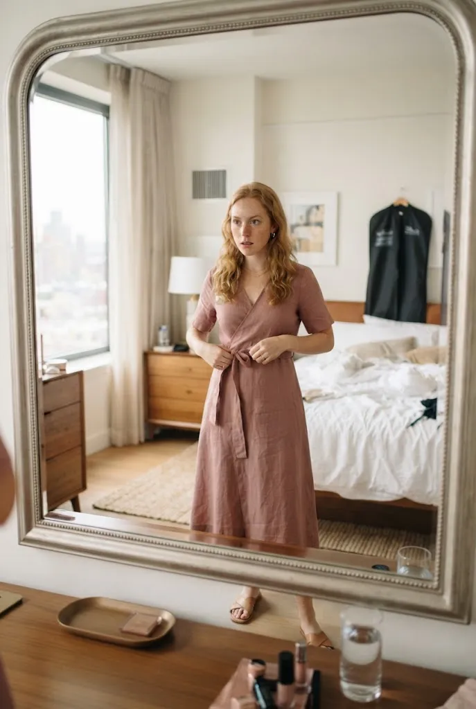 Young American woman adjusting a dusty rose convertible wrap dress before a weekend wedding