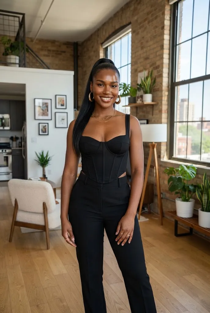Curvy woman wearing a corset style top with tailored trousers