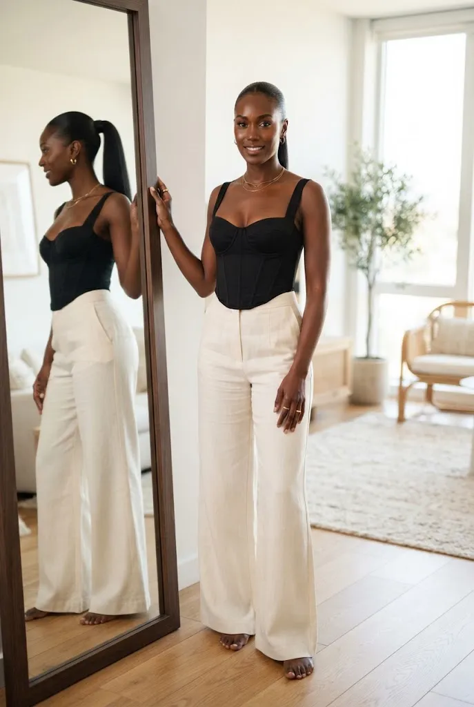 Woman in corset top and wide leg pants birthday outfit