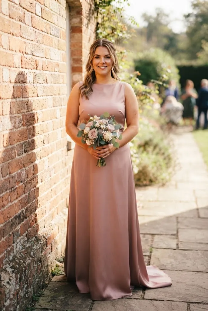Plus size bridesmaid showing a draped cowl back dress detail near a brick wall