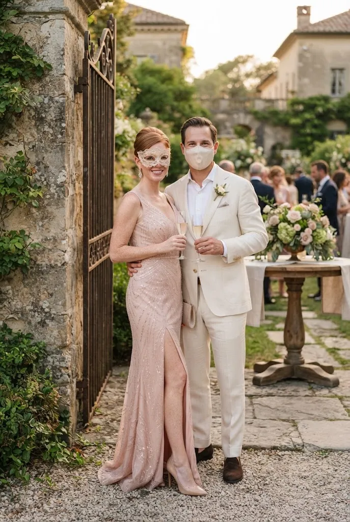 Cream suit and blush gown masquerade outfit for a stylish young couple.