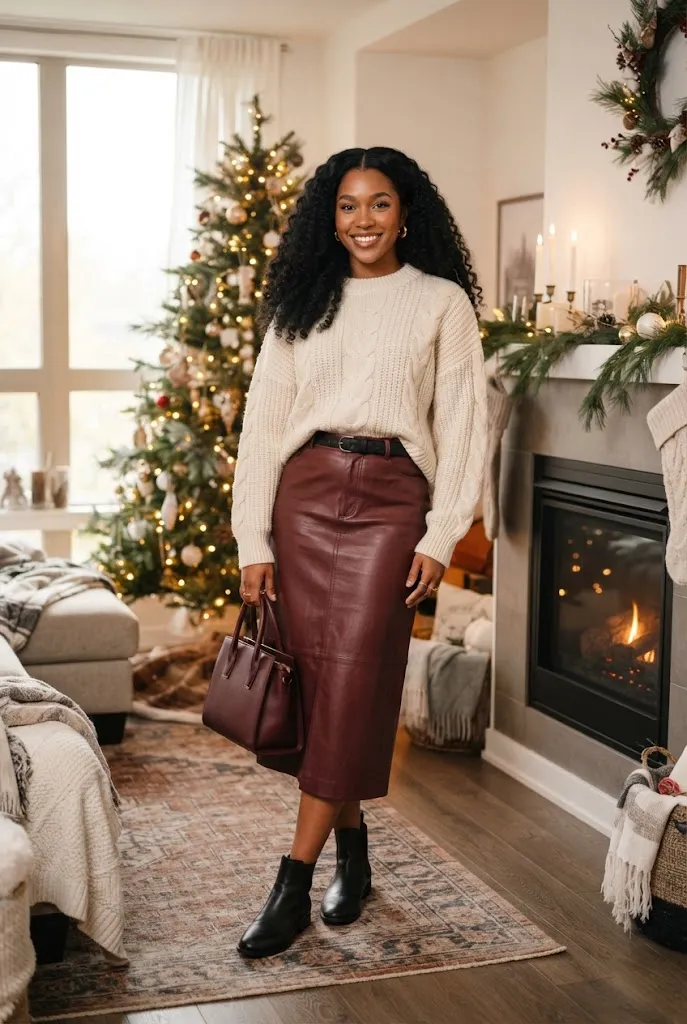 Young Black woman in cream sweater and burgundy leather skirt