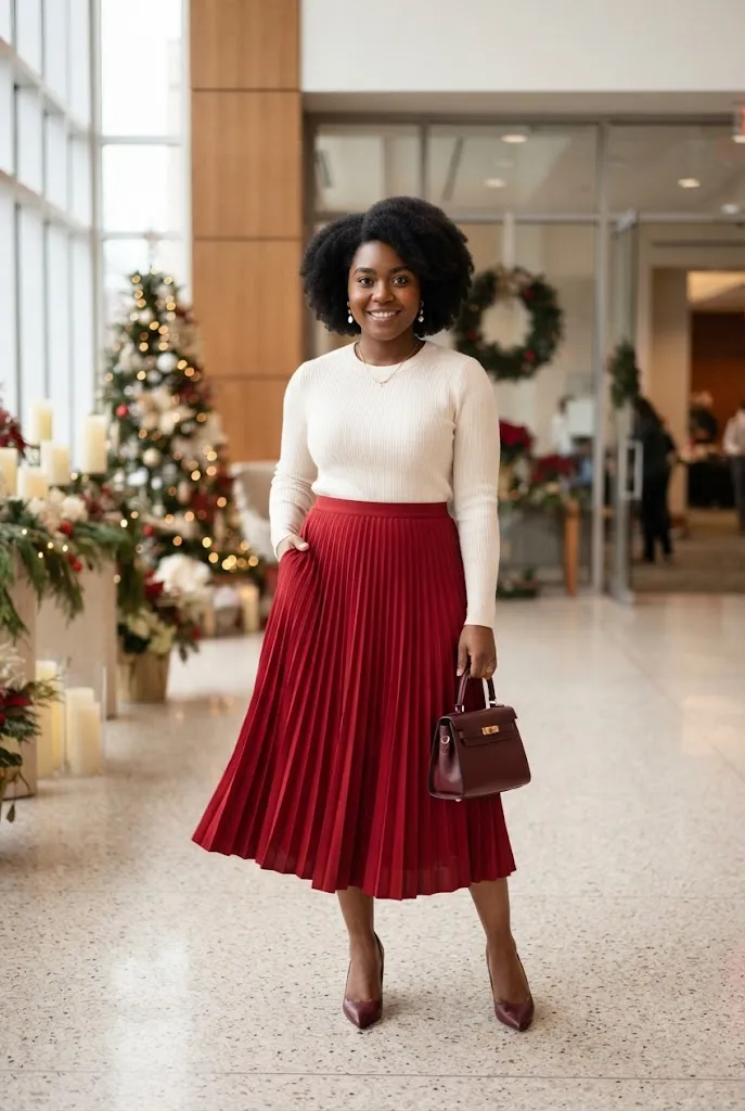 31-year-old woman wearing cream sweater and red pleated skirt at Christmas church