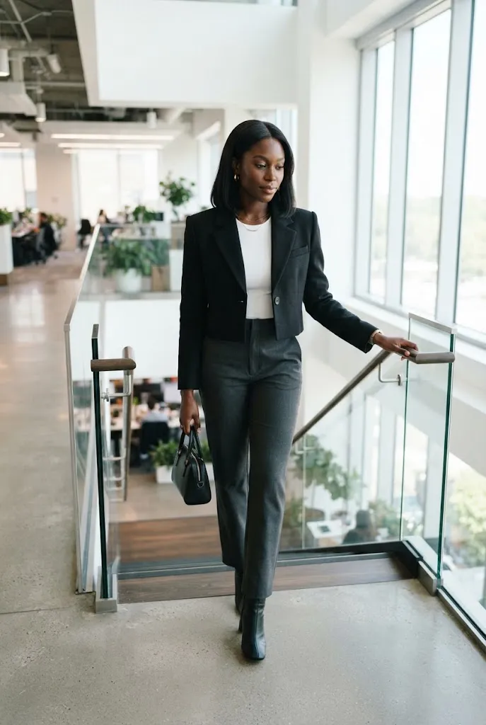 Black woman wearing a cropped blazer and high waist trousers on an office staircase