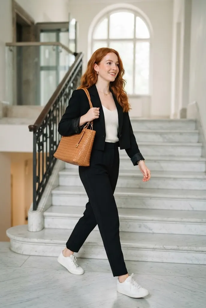 Young woman in her 20s wearing an all-black cropped blazer outfit with wide trousers and a woven bag