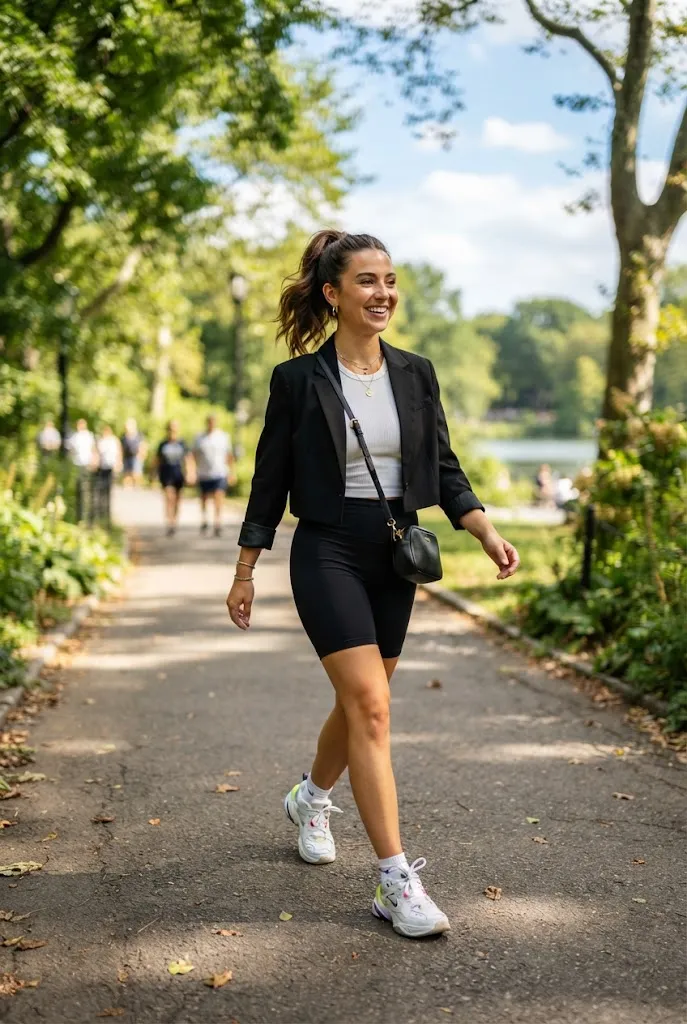 Woman in her 20s wearing a cropped blazer with bike shorts and sneakers for weekend errands