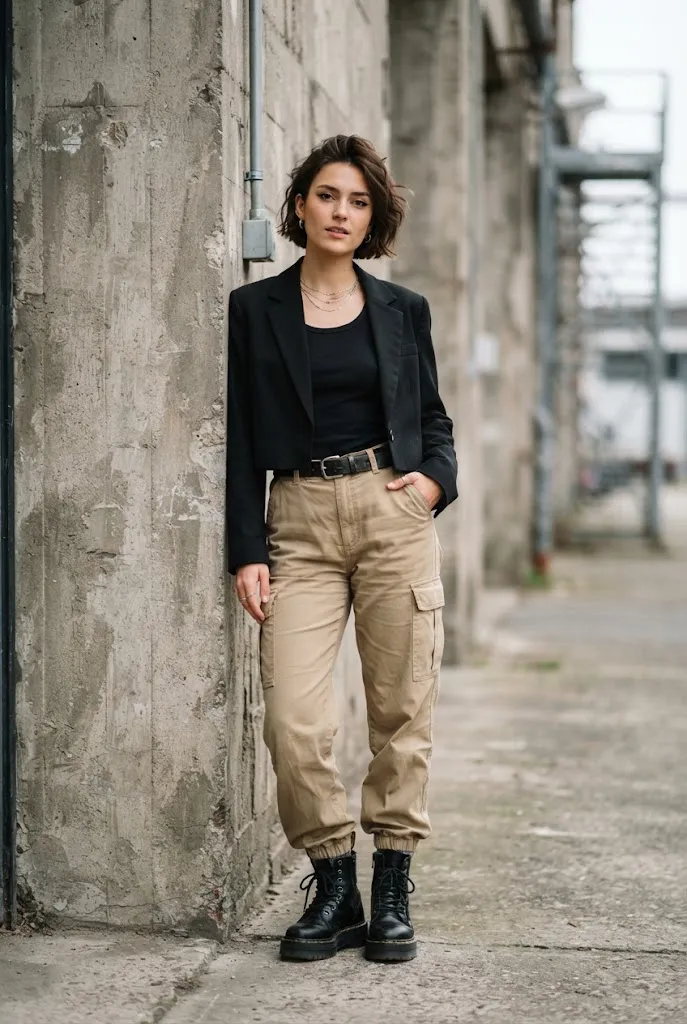 Woman in her 20s pairing a cropped blazer with cargo pants and chunky boots