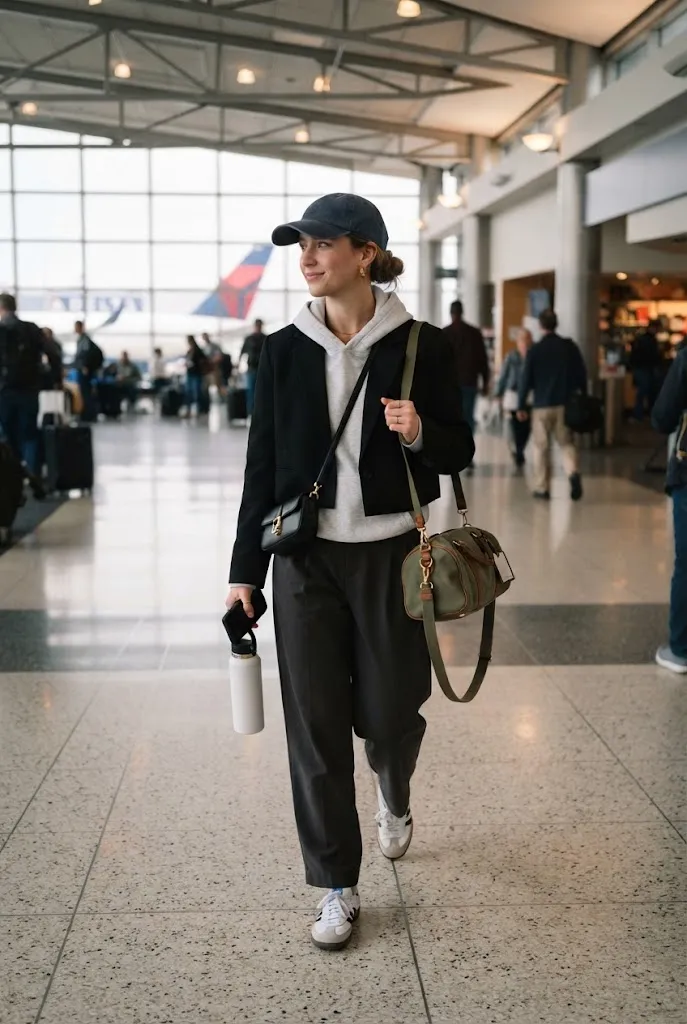 20s woman layering a cropped blazer over a hoodie for an off-duty travel outfit