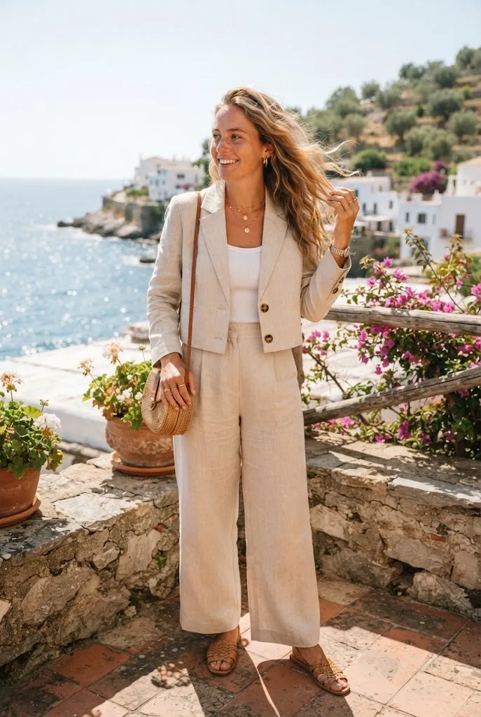 Woman in her 20s wearing a linen cropped blazer with wide-leg linen pants for summer
