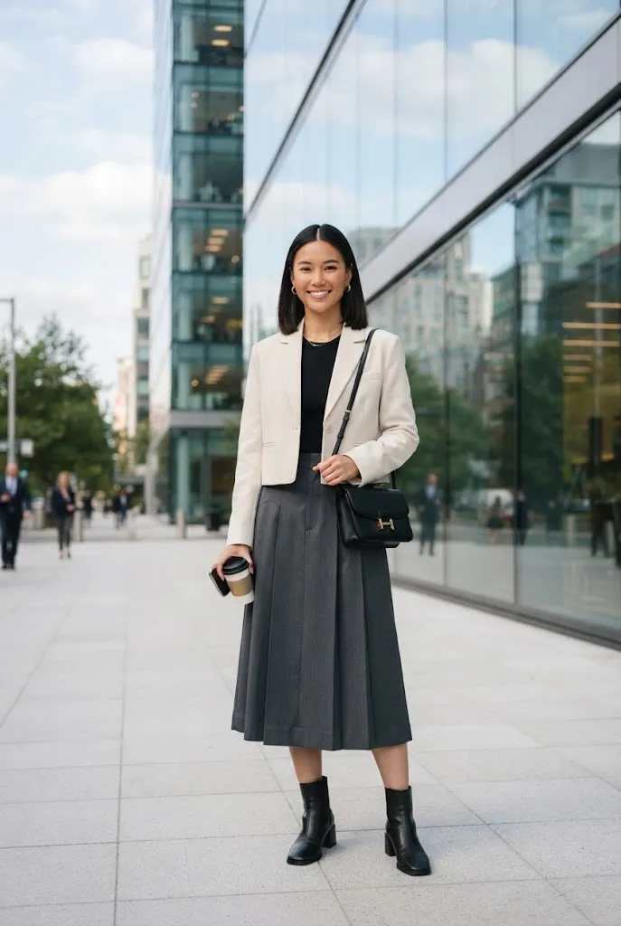 20s woman wearing a cropped blazer over a midi skirt for an office outfit