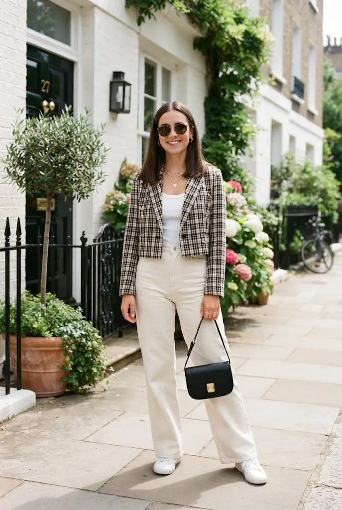 Woman in her 20s styling a cropped plaid blazer with cream wide-leg trousers outside a townhouse