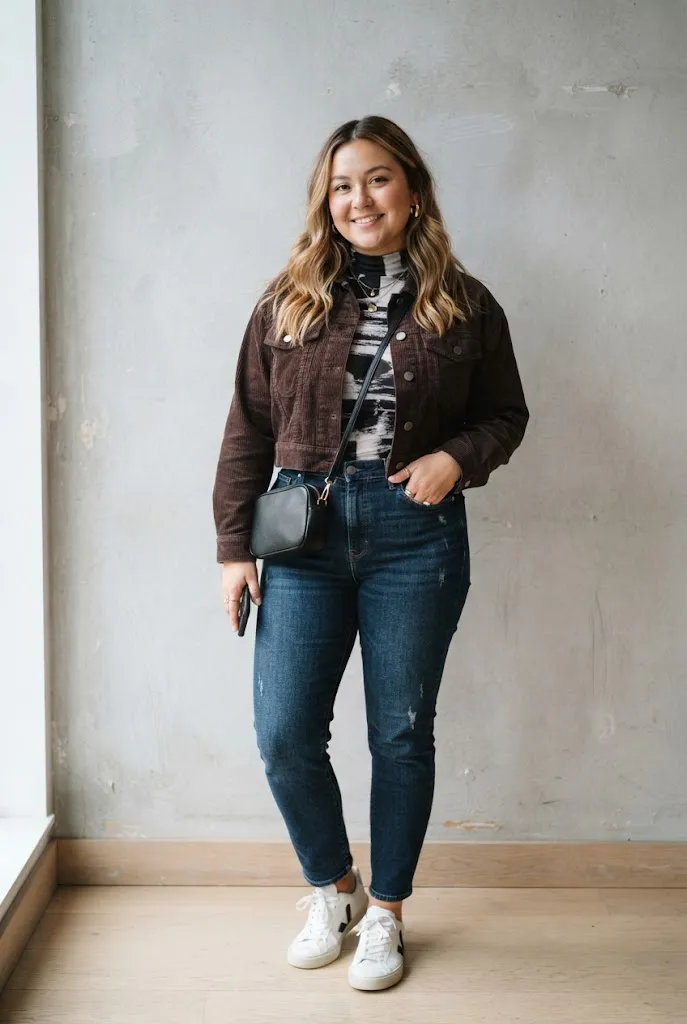 20s woman layering a cropped jacket over a printed turtleneck with dark denim