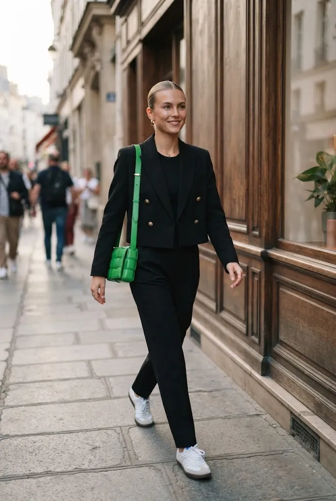 Woman in her 20s wearing a double-breasted cropped blazer with sneakers and a bright green bag