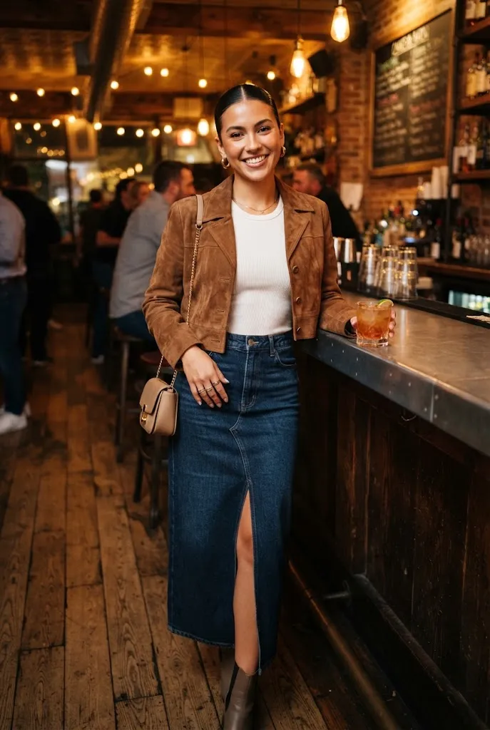 Young woman wearing a cropped suede jacket over a denim maxi skirt in a warm-lit bar setting