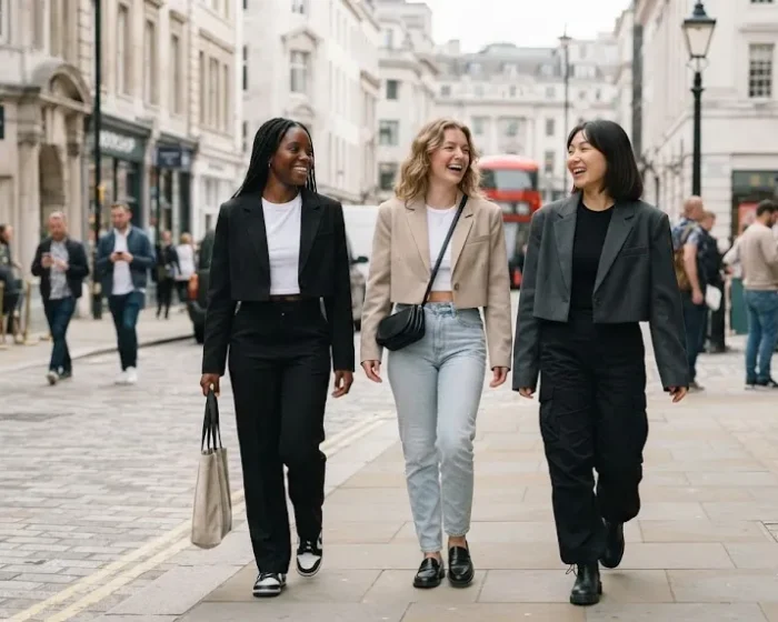 Group of young women in their 20s wearing different cropped blazer outfit ideas
