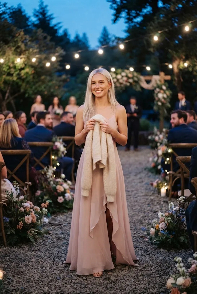 Young American woman layering a cropped cardigan over a blush dress at an outdoor evening wedding