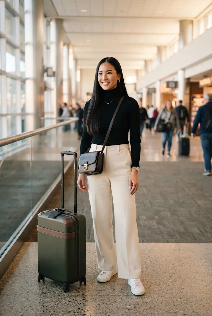 Structured crossbody bag paired with a neutral airport outfit